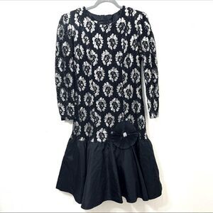 Vintage 80’s Black Lace Long Sleeve Puffy Skirt Drop Waist Cocktail Prom Dress